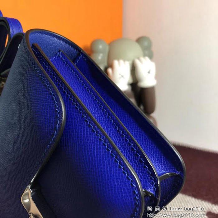 HERMES愛馬仕 空姐包 constance 電光藍 EPSOM 18cm 銀扣 蠟線縫製 單肩斜挎包  Ama1507